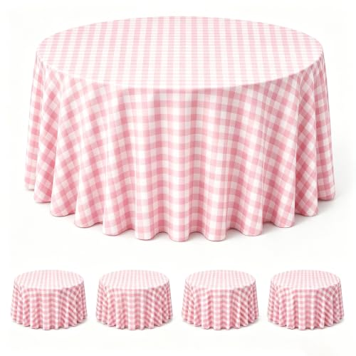 Image of WNINK 4 Pack Pink Gingham Round Tablecloth, 84 Inch Disposable Plastic Table Covers, Pink Checkered Round Table Cover for Birthday Parties, Holiday, Picnic, BBQ, Family Gathering Party Supplies