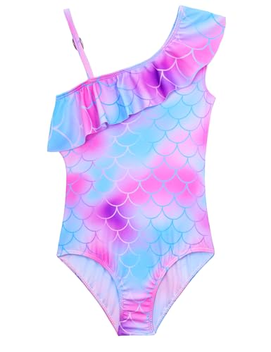 Image of Snowheart Girls Swimsuit Adjustable Shoulder Strap UPF50+ One-Shoulder Ruffle Bathing Suit 3-12T