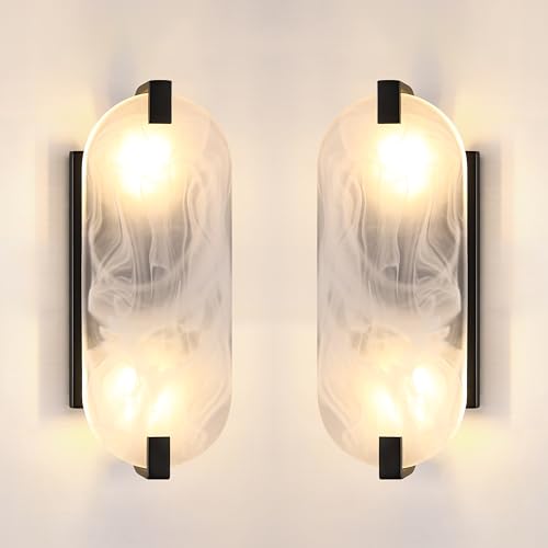 Image of 12.7 inch Art Frosted Oval Glass Bathroom Modern Wall Sconce Fixture for Bedroom Hallway Bedside 2 Pack 2 Light Black Wall Sconce