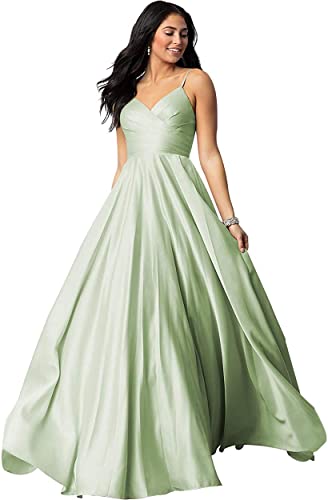 TIRAS Spaghetti V Neck Prom Dresses for Women Long Ball Gown Ruched Satin Evening Party Gown with Pockets CM139