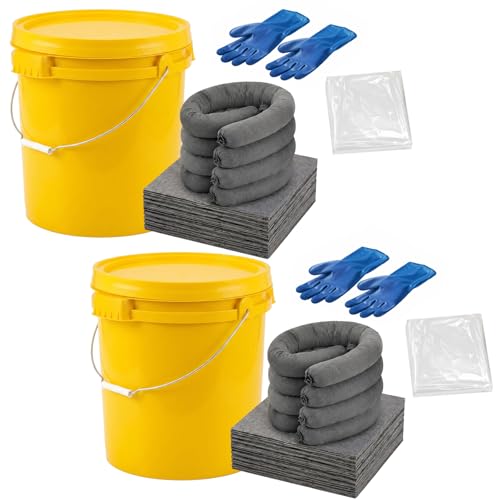 Image of DoubleFill 82 Pcs Universal Spill Kit Portable Complete 18.5-Gallon Spill Kit, Absorbs Oils Water and More, Yellow Bucket,60 Absorbent Pads,8 Pcs 3 inchx4' Sorbent Socks,10 Disposal Bag,2 pairs PVC Gloves