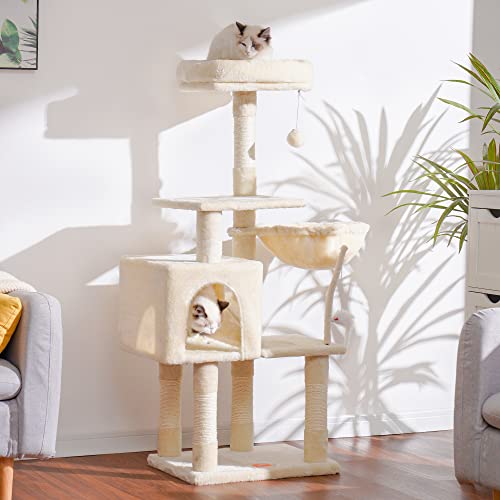 Image of Heybly Cat Tree with Toy, 43.3 inch Cat Tower for Indoor Cats HCT004M | Cat Condo with Durable Sisal Scratching Posts, Cat House with Padded Plush Perch, Cozy Hammock, Beige