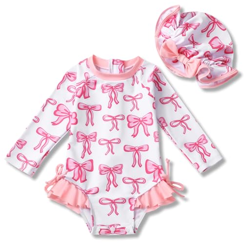 AMAWMW Infant Baby Girl Swimsuit Long Sleeve One-Piece Swimwear with Hat Rash Guard Floral Zipper Bathing Suit Beach Wear