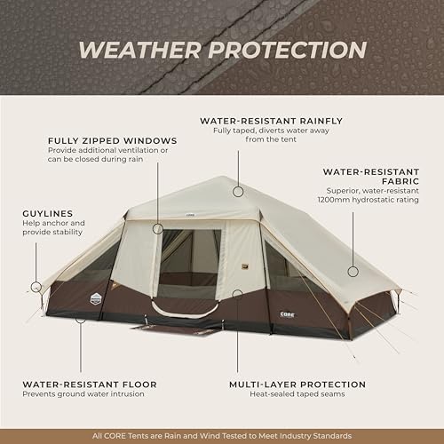 CORE 10 Person Instant Cabin Tent with LED Lights | Large Lighted Pop Up Tent with Carry Bag for Outdoor Camping, Glamping, and Backyard Adventures | Included Storage Pockets for Camp Accessories - Image 9
