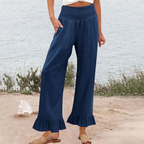 Image of Women Linen Pants Dressy Casual Summer Boho Ruffle Hem Wide Leg Cropped Pants Smocked High Waisted Palazzo Pant