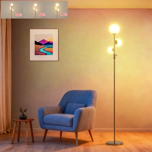 Image of Fiqevs Upgrade Dimmable Floor Lamp, 3 Globe Mid Century Floor Lamps for Living Room with Frosted Glass Shade and 3 LED Bulbs, Vintage Modern Gold Standing Lamp for Bedrooms, Office - Antique Brass
