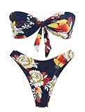 ZAFUL Knotted Bandeau Bikini for Women Strapless Swimsuits High Cut Bathing Suit Sexy 2 Piece Swimwear Navy Floral S