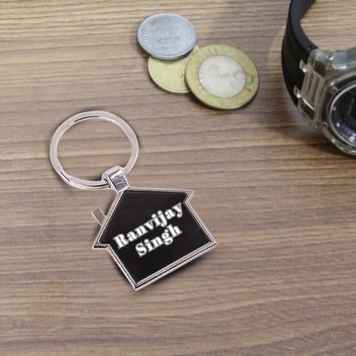 Image of Customised Home Shaped Double Sided Metal Keychain | With Address And Name