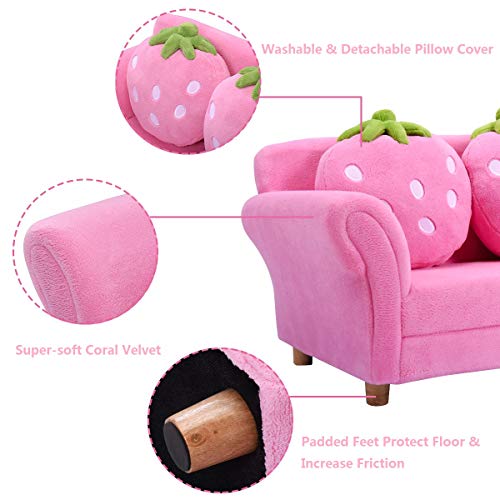 Costzon Kids Couch, Double Seat Pink Children's Sofa with 2 Strawberry Pillows, Toddler Armrest Chair for Bedroom, Living Room, Large Soft for Kids Loveseat Toy for Baby Girls Preschool Gifts Presents