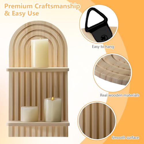 Risirica 2Pc Boho Wall Decor Set,2 Tier Natural Modern Minimalist Mid Century Wall Candle Holder for Living Room,Rustic Farmhouse Wooden Wall Mount Candle Holders for Bedroom Living Room Decorations