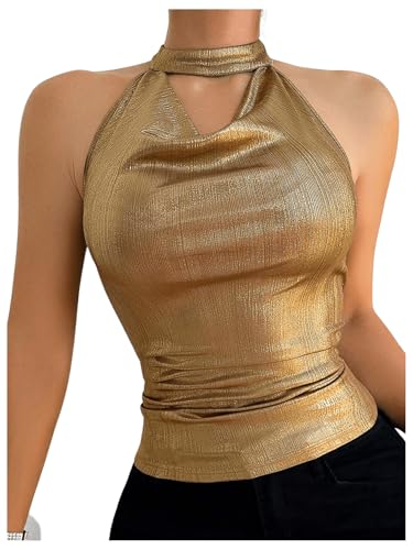 SHENHE Women's Metallic Halter Tops Draped Front Open Back Sexy Sleeveless Ruched Party Top