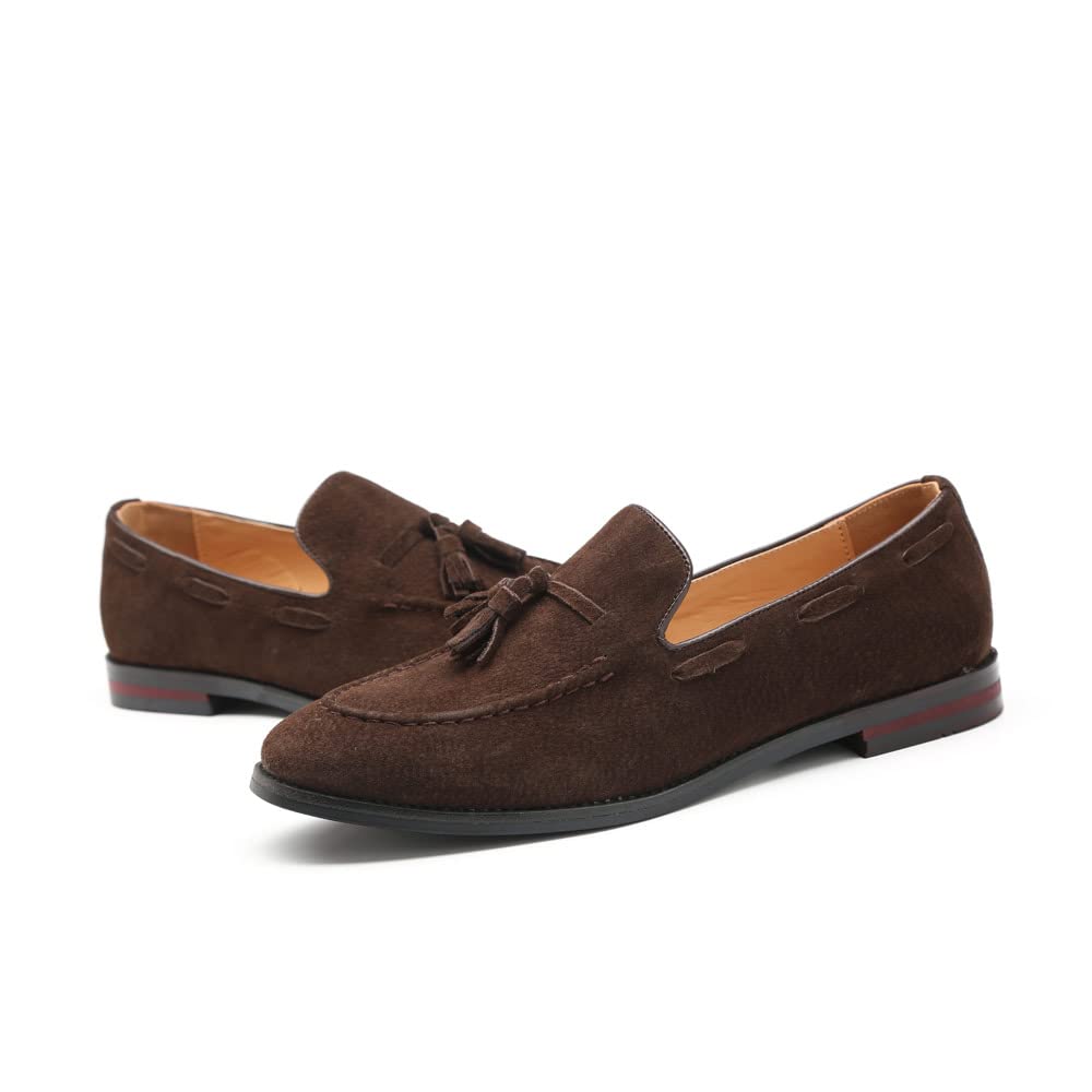 MANLADUO Mocasines de piel de ante para hombre, estilo británico, con borlas y diseño sin cordones