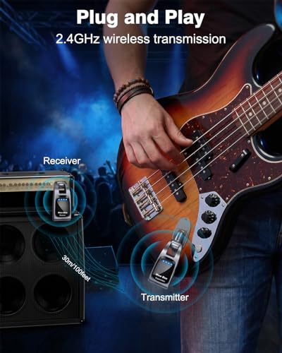 Image of Wireless Guitar System 2.4GHz with 6 Channels 24Bit /48KHz Hi-Res Audio Rechargeable Wireless Guitar Transmitter Receiver for Bass Active Pickup Electric Instruments(Gunmetal)