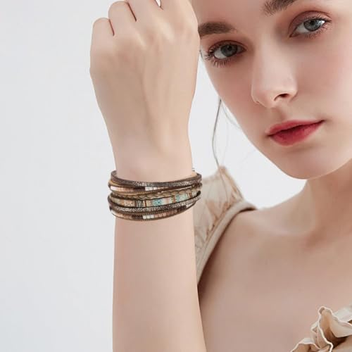 Leather Wrap Bracelets for Women, Colored Bracelets,Boho Leopard Multi-Layer Crystal Beads Cuff Bracelet Jewelry2