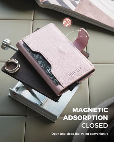 Image of VULKIT Slim Bifold Pop up Wallet Minimalist Leather Card Holder RFID Blocking Metal Card Case with ID Window for Women | with Leather Slots