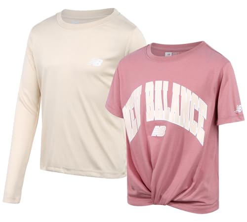 New Balance Active Girls Shirts - 2 Pack Short Sleeve and Long Sleeve Crewneck Athletic Tops Clothes for Girls (7-16)