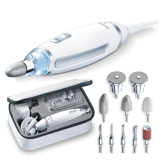 Beurer MP 62 Set de manicura y pedicura, torno para uñas eléctrico con 10 accesorios de alta calidad, luz LED, control de velocidad infinitamente variable, con bolsa de almacenamiento