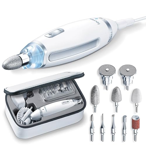 Beurer MP 62 Maniküre-/ Pediküre-Set, elektrische Nagelfeile mit 10 hochwertigen Nagelpflege-Aufsätzen, LED Licht, Nagelfräser mit stufenloser Geschwindigkeitsregelung, mit Aufbewahrungstasche, Weiß
