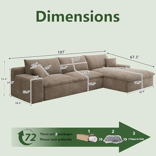 Image of 107 inch W Cloud Couch Modular Sectional Sofa for Living Room, L-Shape Boneless Couch with Deep Seat, Modern Corduroy 3-Seater, No Assembly Required (Camel,Right-Facing Chaise)