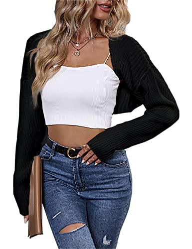Langeyang Women's Long Sleeve Open Front Crop Cardigan Knit Shrugs Sweater Drop Shoulder Solid Top #TOP9