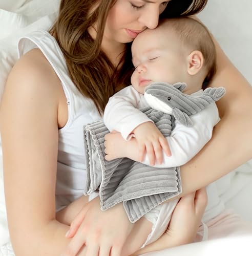 Image of Baby Security Blanket for Boys and Girls Lovey Whale 15 Inch Grey