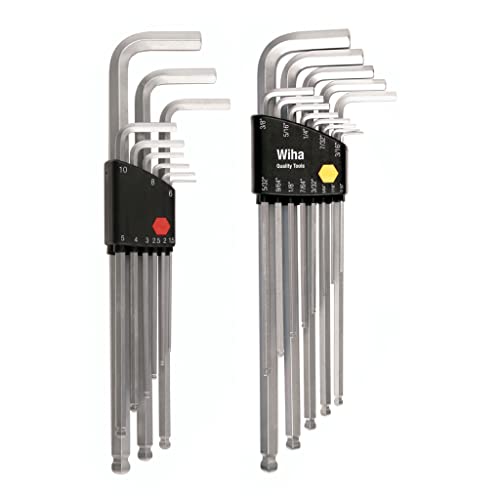 Image of Wiha 66993 Ball End Hex L-Key Sets, 2-Pack, Inch & Metric, 22 Piece Total, Black, Extra-Long Reach, Chrome-V-Moly Steel