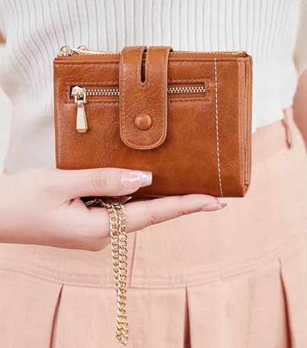 Image of AOXONEL Wallets for Women Small Rfid Bifold Leather Ladies Wallet,Travel Billfolds Medium Size Card Holder with Removable Wristlet Chain,Multi-Card Slots,ID Window,Double Zipper Coin Pocket (Brown)