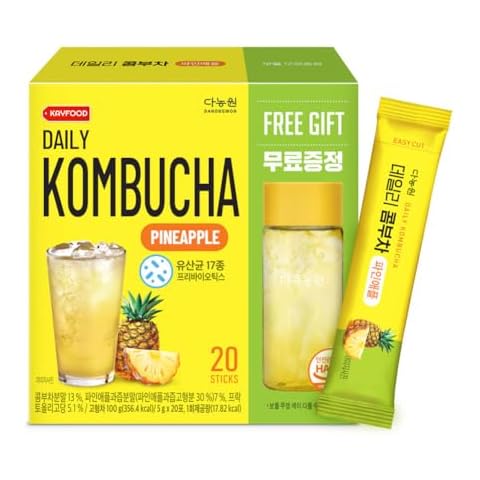 KAYFOOD-Kombucha-Pineapple-Garden-Daily 20 Sticks with Gift Bottle Zero Sugar, Diet, Gut Healthy Sparkling Beverage, Fermented Korean Drinks for Iced Tea Hot Tea, Workout Tea 3.52oz (100g) Cover