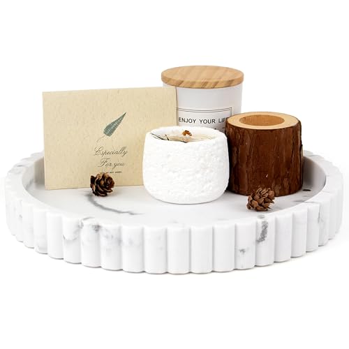 LIN CHUAN Decorative Coffee Table Tray, 11' Round Resin Coffee Table Centerpiece Tray for Home Decor, Modern Organizer for Living Room, Console or Dresser, Marble White