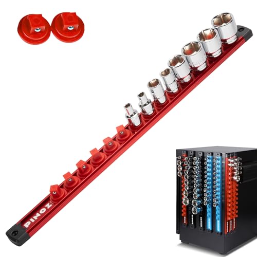 Image of PINOZE 3 /8 inch Magnetic Socket Holder Organizer - Aluminum Alloy Socket Rail Tray for Tool Box Drawer, Socket Rack with Extra 2Pcs Replacement Clips for Automotive Garage(Red)