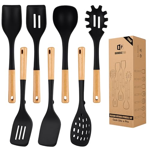 Silicone Kitchen Utensil Set for Non Stick Cookware, 7 Pcs Heat Resistant Cooking Utensils with Wooden Handle, BPA Free Kitchen Tools with Spatulas, Spoons, Skimmer and Pasta Fork (BLACK)