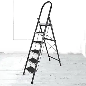Plantex Ladder for Home-Foldable Steel 6 Step Ladder-Wide Anti Skid Steps (Gray & White)