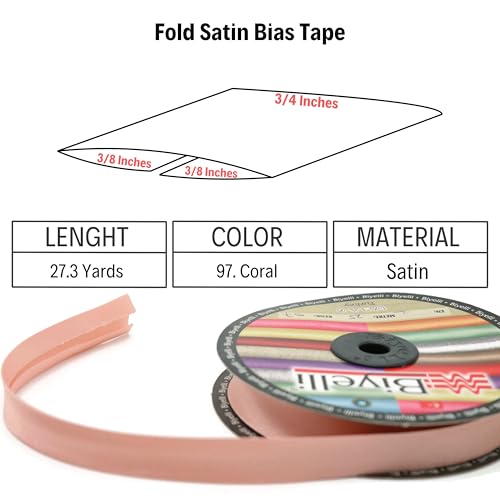 Image of Fold Satin Bias Tape - 99+ Colors - 3 /4 Inches Wide - 27 Yards - Fold Satin Binding Bias Ribbon Fabric Piping Bias Binding Tape for Sewing Clothing DIY (97. Coral) BYS97