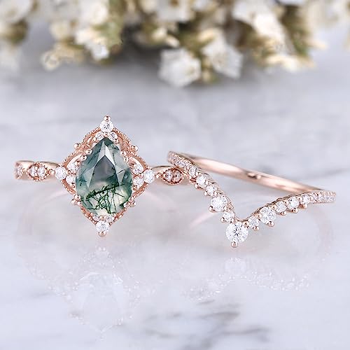 YDD 1.00 CT Natural Pear Shaped Moss Agate & Moissanite Engagement Ring Set for Women Unique 2pcs Green Agate Ring Set 925 Sterling Silver 10k/14k/18k Rose Gold Milgrain Bridal Sets Jewerly Gift4