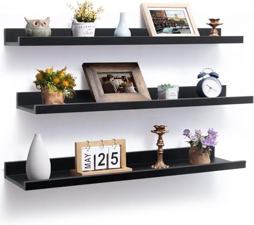 Image of Wooden Floating Wall Shelves Set of 3 for Living Room & Bedroom | Modern Wall Mounted Display Rack for Decor, Photo Frames, Plants & Storage (Black, 47 Inch)