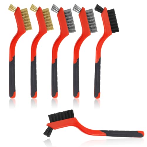 Image of 6 Pcs Wire Brush Set Metal Bristle Brush Small Stainless Steel Brush Set Nylon Bristle Brush for Cleaning Dross, Stains, Rust Spots(Red and Black)