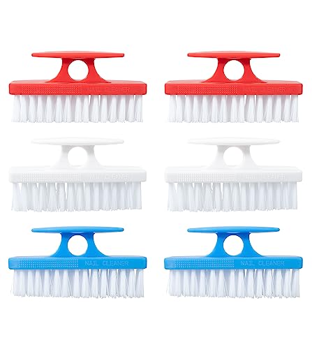 Superio Nail Brush Set (6 Pack) Cleaner with Handle, Durable Brush Scrubber to Clean Toes, Fingernails, Hand Scrubber All Surface Cleaning, Heavy Duty Scrub Brush Stiff Bristles (Red- White- Blue)