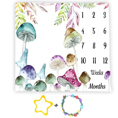Image of Mushroom Theme Baby Monthly Milestone Blanket, Soft Flannel Watercolor Spring Tropical Eucalyptus Leaves Botanical Photography Prop Newborn Baby Shower Age Growth Tracker (Green Blue, 48x40in)
