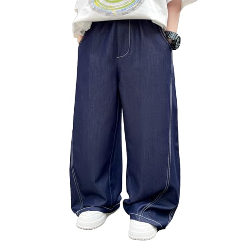 Baggy Jeans Kids Dark Blue Loose Fit Wide Leg Jeans Preppy Streetwear Baggy Pants Boys High Elastic Waist Denim Pants