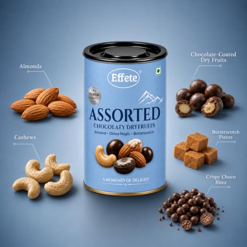 Image of Effete Choco Coated Assorted Chocolate Dryfruits Can (Almond, Butter Scotch, Choco Magic) - 96gm, Chocolaty Dryfruits, Assorted Dryfruits chocolates packet, chocolates gift pack, chocolate box