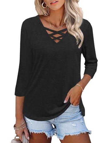 Heymiss Womens Tops 3/4 Sleeve V Neck Shirts Loose Casual Tunic Blouses Criss Cross Summer Tshirts