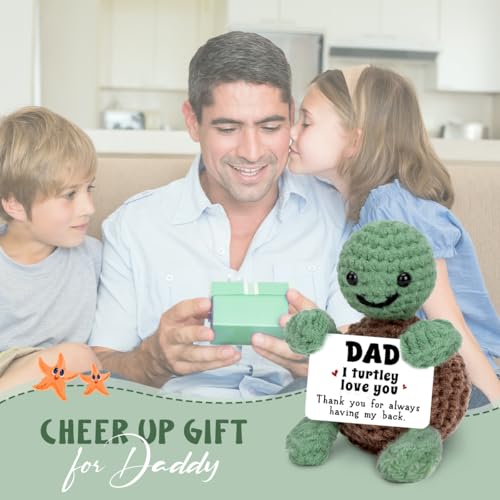 Image of Crochet Turtle Gift for Dad Stepdads Bonus Dad, Father Turtle Crochet with Positive Message, I Love You Dad Gift from Daughter Son Wife, Father's Day Decor
