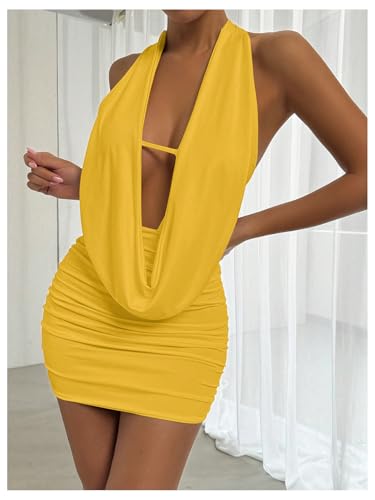 Image of SOLY HUX Women's Sexy Deep V Neck Halter Bodycon Mini Dress Sleeveless Party Club Dresses