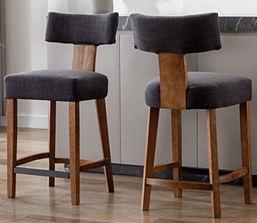 Vescasa Counter Height Barstools With Natural Wood Legs, 27" H Linen Modern Upholstered Counter Stool Chairs With Back Footrests For Kitchen Island, Bar, Pub, Set Of 2, Charcoal #TOP3