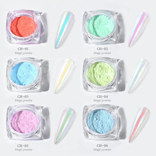 6PCS Nail Powder Glitter Pearlescent Iridescent Sparkle Pigment Glitter Mirror Effect Translucent Nail Powder for Nail Gel Polish Nail Art Manicure Decoration Home DIY Salon