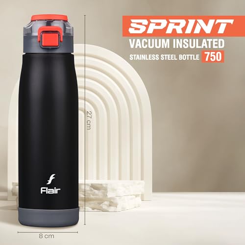 Image of FLAIR Sprint 750ml Vacuum Insulated Water Bottle - 304 Stainless Steel, Double Wall Thermos Flask, Leak-Proof, BPA-Free (Black)