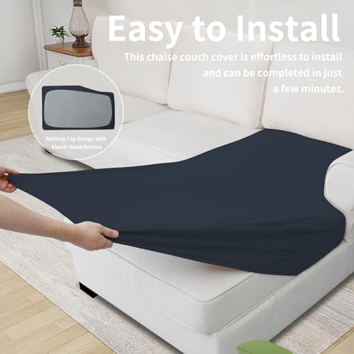 Image of Easy-Going Stretch 1 Piece Chaise Lounge Cushion Slipcover | Sectional Couch Covers L Shape Separate Cushion Couch Seat Chaise Cover for Both Left /Right Sectional Couch Dark Blue