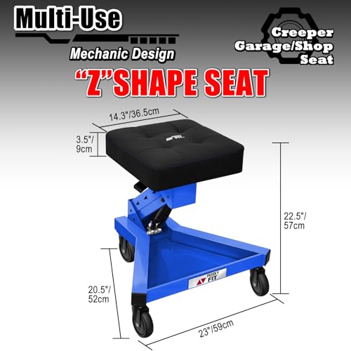 Image of Mechanic Stool with Wheels, Hydraulic Adjustable Shop Stool on Wheels, Garage Work Rolling Chair for Workshop, 400 LBS Capacity, 4 Inch Casters, 360 Swivel Casters Roller Chair, Blue