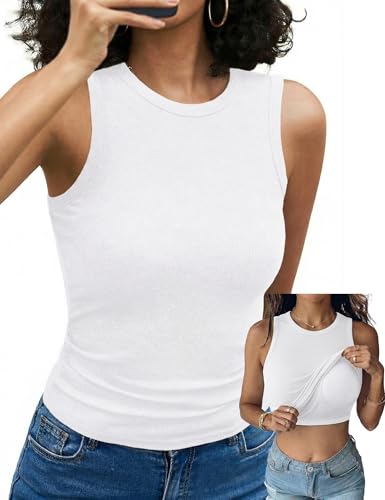 Aottori Tank Top Damen Sommer mit integriertem BH Oberteile Ärmellos Rundhals Basic Tanktop Gerippt Slim Fit Tops Stretch Einfarbig Weiß M