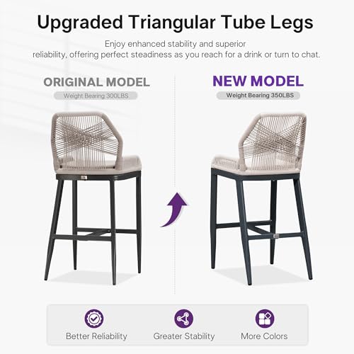 Image of PURPLE LEAF Bar Stools Set of 4 Outdoor Bar Height Metal Stools Modern Wicker Rattan Barstools with Back Aluminum Outside Garden Patio Bar Chairs